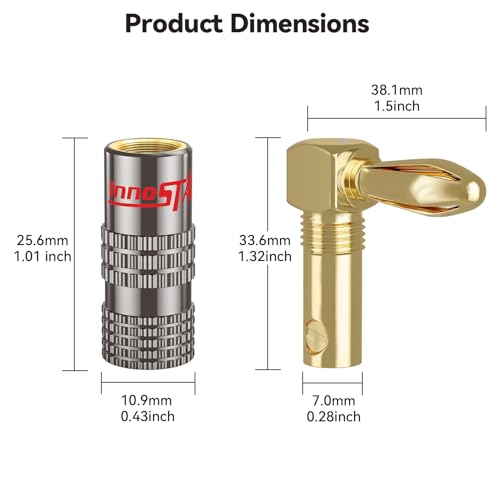 90 Degree Banana Plugs (6 Pairs / 12 pcs), Closed Screw 24K Gold Plated Banana Speaker Plug Connectors for Speaker Wire, Wall Plate, Home Theater, Audio/Video Receiver, and Sound Systems - size: 6 Pairs / 12 Pcs, style: 90 Degree Right Angle Banana Plugs