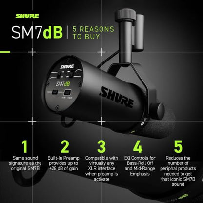 Shure SM7dB Dynamic Vocal Mic with Preamp for Streaming - Black | Dynamic vocal mic with built-in preamp for streaming, podcasting and recording; warm smooth sound, rugged build - style: SM7dB