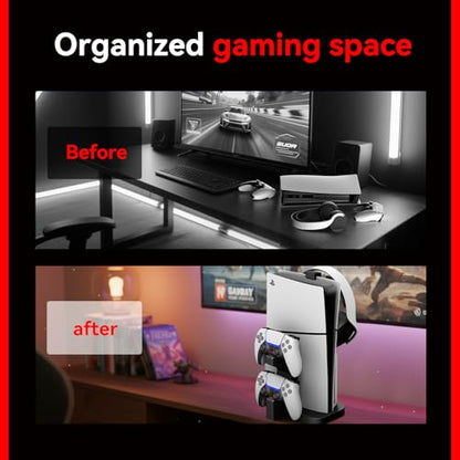 PS5 Stand with Controller Charging Station: 2.5 Hours Fast Charging Dock - Vertical Stand for PlayStation 5 Slim - PS5 Accessories with Headphone Holder & Dual Controller Charger - color: Black