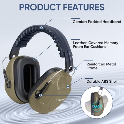 TICONN Noise Cancelling Ear Muffs for Adults, SNR 33dB Hearing Protection, Adjustable Safety Earmuffs for Construction - color: Fde
