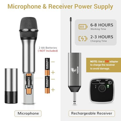 TONOR Wireless Microphone, 15 Channel UHF Metal Cordless Handheld Mic System with Rechargeable Receiver, for Karaoke, Singing, Party, Wedding, DJ, Speech, 200ft, TW620 Silver, 1Mic