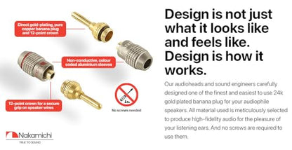 Nakamichi FanLock Excel Series 24k Gold Plated Banana Plugs, 10-18 AWG | Gauge Size 4mm for Speakers Amplifier Hi-Fi Stereo Radio AV Receiver Audio Wire Cable Quick Connector, 2 Pcs (1-Pair) - size: 2 Pcs (1-Pair)