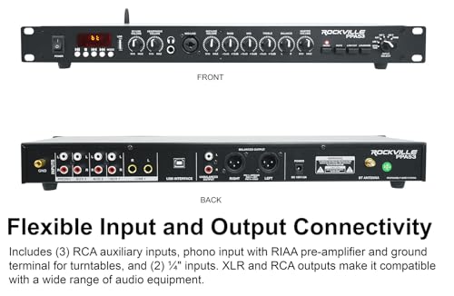 Rockville PPA53 Preamp Pro 1U Pre-Amplifier with Bluetooth/USB | USB Computer Interface, Phono Input, XLR Output, Headphone Output, 3-Band EQ, Low-Cut Crossover, Rack-Mountable, Mic Preamp