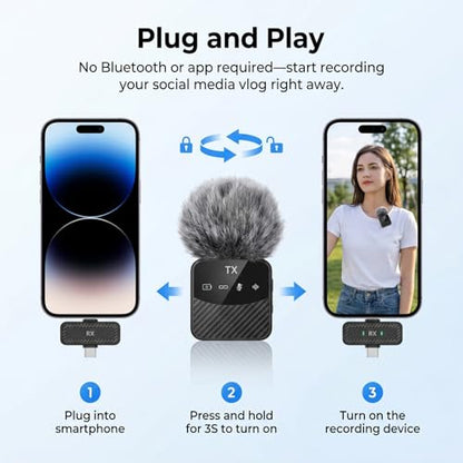 Wireless Lavalier Microphone, Mini Compact Lapel Mic with Magnetic Clip & Charging Case, 25H Long Battery Life, Noise Reduction, Dual Interface for iPhone Android Video Recording Vlogging Podcast