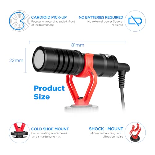 BOYA by-MM1 On-Camera Shotgun Microphone for iPhone, Android Smartphones, DSLR Cameras Camcorders - Battery-Free Video Mic for Vlog Podcast Streaming Recording