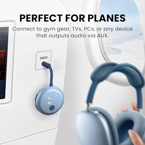 Avantree SoundJet R1-25Hr Airplane Bluetooth Adapter for All AirPods | Qualcomm Chip & aptX Adaptive, Wireless Audio Transmitter for Flight Travel, Works with Bose & Other Headphones - color: 3. Sky Blue