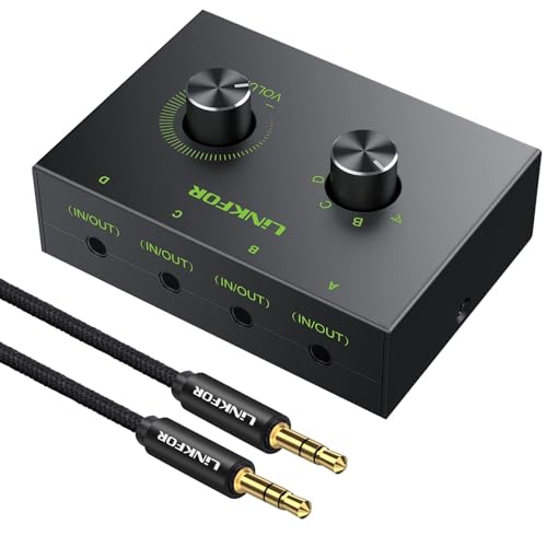 LiNKFOR 4 Port 3.5mm Stereo Audio Switch, 4 Way Stereo Audio Selector, 4 Input 1 Output / 1 Input 4 Output Audio Splitter with Volume Control and 4 Channel Switch Knob - size: 4 Ports 3.5mm