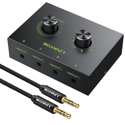 LiNKFOR 4 Port 3.5mm Stereo Audio Switch, 4 Way Stereo Audio Selector, 4 Input 1 Output / 1 Input 4 Output Audio Splitter with Volume Control and 4 Channel Switch Knob - size: 4 Ports 3.5mm