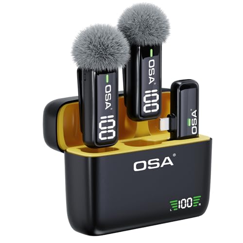 OSA 2Pcs Wireless Lavalier Microphone for iPhone iPad with Charging Charging Case and Transmitter Digital Display, 30H Clip on Lapel Microphone Wireless for Video Recording - style: Lighning