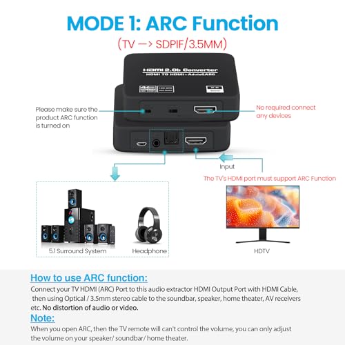 4K@60Hz HDMI 2.0b Audio Extractor Converter Adapter Splitter, HDMI eARC/ARC + Optical Toslink SPDIF + 3.5mm Stereo Audio Out, Support HDCP2.2 Digital PCM DTS 5.1, (Optical/HDMI Cables Included)