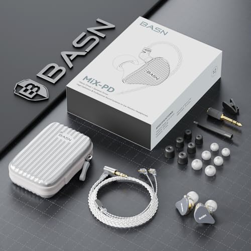 BASN Mix-PD in Ear Monitor,Planar Driver+Dynamic Driver 2-Pin Cable,Grey | Two Mixed Drivers IEM with CNC Crafted Metal Cover, Wired Detachable 0.78mm 2-Pin Silver Plated OFC Cable for Musicians - color: Grey