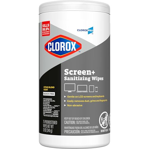 CloroxPro Clorox Screen+ Sanitizing Wipes, Disinfecting Wipes for Electronics, Gentle on Phones, Tablets, LCD Screens, Laptops and Sensitive Surfaces, Citrus Blend Scent, 1 Canister, 75 Wipes - size: 75 Count (Pack of 3)