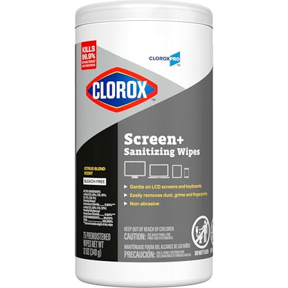 CloroxPro Clorox Screen+ Sanitizing Wipes, Disinfecting Wipes for Electronics, Gentle on Phones, Tablets, LCD Screens, Laptops and Sensitive Surfaces, Citrus Blend Scent, 1 Canister, 75 Wipes - size: 75 Count (Pack of 3)