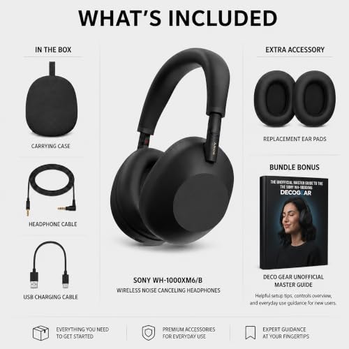 Sony WH1000XM6/B Best Wireless Noise Canceling Headphones, Black Bundle with Deco Essentials Headphones Ear Pads Replacement Headset Ear Cushions and Deco Gear Unofficial Master Guide - color: Charcoal