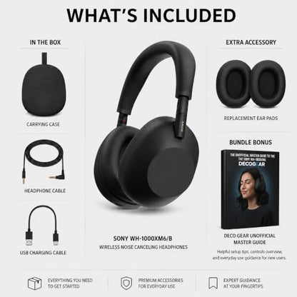 Sony WH1000XM6/B Best Wireless Noise Canceling Headphones, Black Bundle with Deco Essentials Headphones Ear Pads Replacement Headset Ear Cushions and Deco Gear Unofficial Master Guide - color: Charcoal