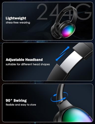 Bluetooth Headphone with Cool RGB Light, Foldable Lightweight Wireless Over Ear Headphone, 90° Rotatable Earcups, HiFi Stereo with Deep Bass Audio for Travel, iPad Cellphone Laptop PC