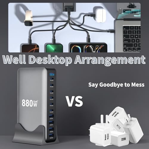 880W USB C Fast Charger Block, 10 Ports GaN IV Pro USB Chagring Station, 140W PD QC HUB for Multiple Devices, Laptop Adapter Compatible with MacBook Pro/Air iPad iPhone Pro Max, Galaxy, Dell, HP - size: 880W-6C4A