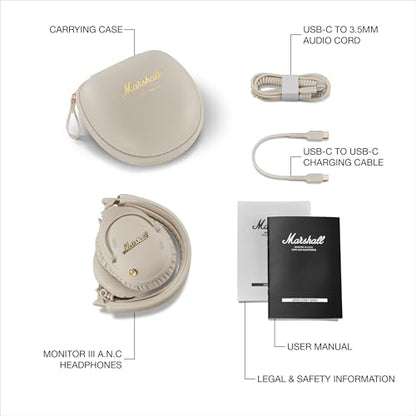 Marshall Monitor III A.N.C. Wireless Over-Ear Bluetooth Headphones - Active Noise Cancellation | 100+ Hr Playtime | Microphone for Calls | Lightweight, Foldable Design for Travel - Cream - color: Cream
