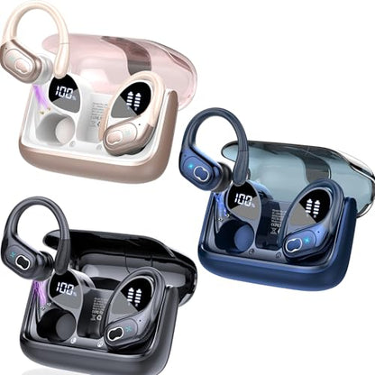 3 Sets Wireless Earbuds Sport, Bluetooth 5.4 Over Ear Buds Stereo Deep Bass Over Ear Bud with Earhooks, 75H Wireless Earphones with Mic, IPX7 Waterproof Earphone for Sports Black+Rose Gold+Blue