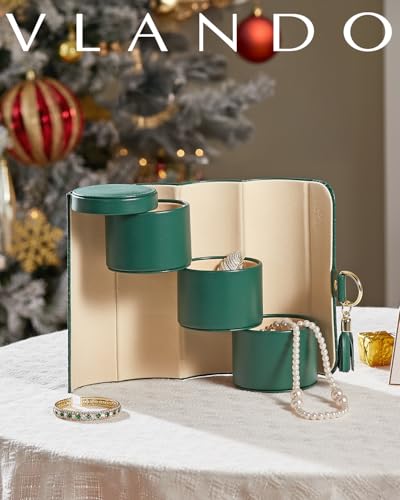 VLANDO Travel Jewelry Organizer, 3 Tier Roll Up Design, Hard Shell Storage | Stepped Sections Compartments Keep Jewelry Visible, Soft Lining Protect Pieces, Snap Closure, Travel Gift for Women Girl - color: Green