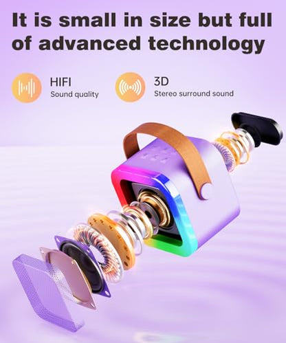 Mini Kids Karaoke Machine Ages 3-12, Wireless Microphones Bluetooth Speaker | LED Party Lights, Voice Changer, Duets, BT 5.3, Rechargeable Portable, Birthday Christmas Toys & Gifts for Boys & Girls - color: Purple - 1 Mic