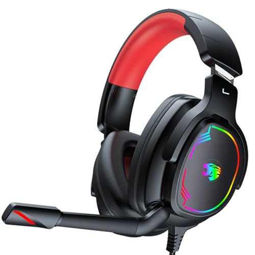 Jimonyer Gaming Headset with Microphone, 7.1 Surround Sound and Noise Canceling Over Ear Headphones for PC, PS4, PS5,Xbox Series,Switch, RGB Light and Soft Imitation Protein Earmuffs (Red) - color: Red