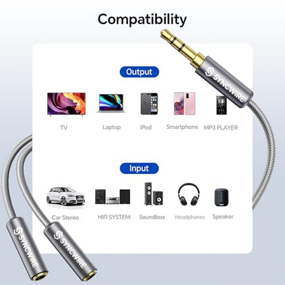 SYNCWIRE Headphone Splitter, 3.5mm Male to 2 Female Y Cable, Grey | Nylon-braided Cable Delivers Hi-Fi Stereo Sound for Apple, Samsung, tablets and more, Audio only; Microphone not Supported - color: Grey