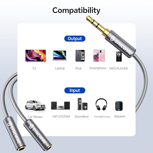 SYNCWIRE Headphone Splitter, 3.5mm Male to 2 Female Y Cable, Grey | Nylon-braided Cable Delivers Hi-Fi Stereo Sound for Apple, Samsung, tablets and more, Audio only; Microphone not Supported - color: Grey