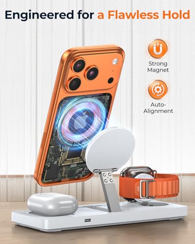 Foldable 3-in-1 Wireless Charging Station for Apple Magsafe Charger Stand, Travel-Friendly Fast Magnetic Wireless Charger Station for iPhone 17/16/15/14/13/12, Apple Watch & AirPods Series, White - color: White
