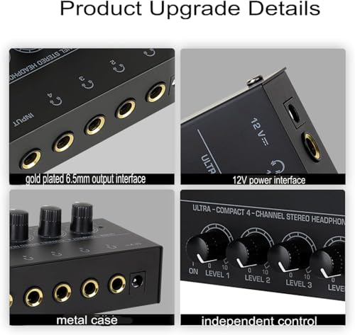 Headphone Amplifier, HA400 4-Channel Metal Stereo Audio Amplifier, Mini Earphone Splitter with DC 12V Power Adapter, HA400d1 for Sound Mixer PC Guitar Studio Stage - style: HA400