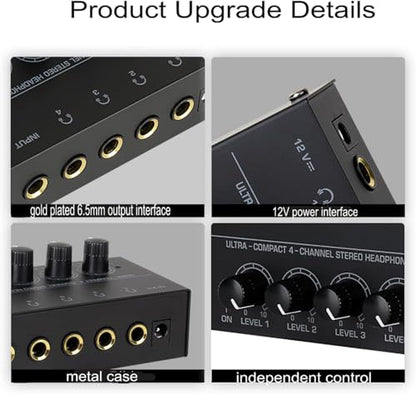 Headphone Amplifier, HA400 4-Channel Metal Stereo Audio Amplifier, Mini Earphone Splitter with DC 12V Power Adapter, HA400d1 for Sound Mixer PC Guitar Studio Stage - style: HA400