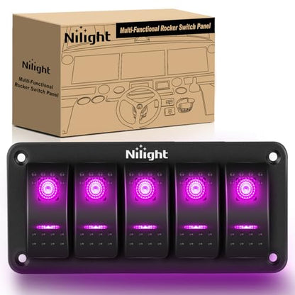Nilight 5 Gang Rocker Switch Panel w/Purple LED Light 5Pin On Off Pre-Wired | Aluminum Toggle Switches Waterproof for 12V/24V Cars Marine Boats ATVs Trailers RV Trucks - color: Purple, size: 5 Gang