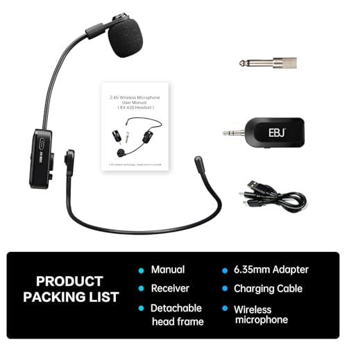 EBJ 2.4G Wireless Headset Mic and Handheld Mic 2 in 1, 30m Stable Transmission, Dual Type-c USB Charging, Compatible with Speakers, Voice Amplifier, PA System (KX-620-1)