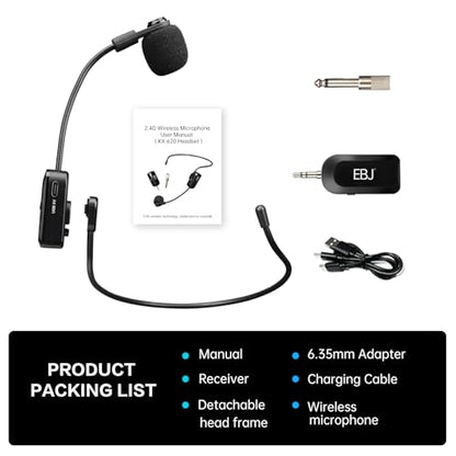EBJ 2.4G Wireless Headset Mic and Handheld Mic 2 in 1, 30m Stable Transmission, Dual Type-c USB Charging, Compatible with Speakers, Voice Amplifier, PA System (KX-620-1)