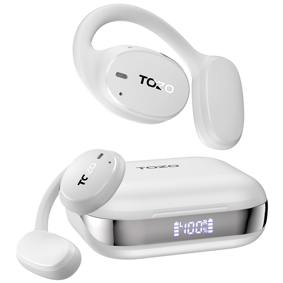 TOZO OpenEgo Open Ear Earbuds 80H Bluetooth 5.3 Headphones Sport Earbuds | Open Ear Structure with Earhooks, 32 EQ Modes, Digital LED Display,HD Clear Calls, Comfort Wear For Running, Travel, Office - color: Snow White