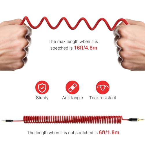 Alitutumao QC45 Coiled Headphones Audio Cable, 2.5mm to 3.5mm Aux Cord Compatible with Bose Quietcomfort QC45 QC35 NC700 On-Ear 2/OE2i/Soundtrue/Soundlink Headphones with 6.35mm Adapter, Red (4-16FT)