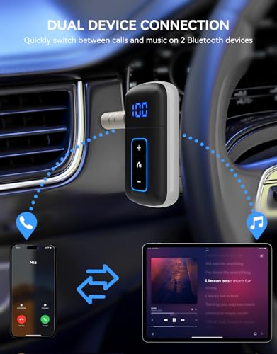 Bluetooth 5.3 AUX Receiver for Car, LED Screen, Noise Cancelling | 3.5mm AUX Bluetooth Adapter for Home Stereo/Wired Headphones/Speaker, Hands-Free Calls, Music, Dual Connect, Type-C Charging
