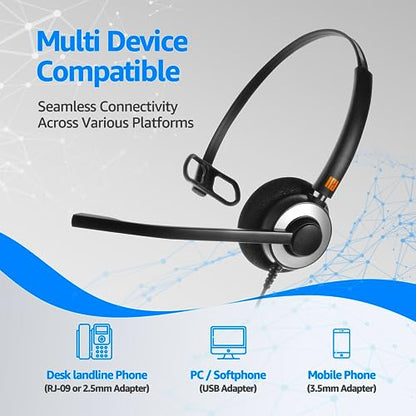 IPD IPH-160 Phone Headset with Noise Cancelling Microphone for Office and Call Center- Comapatible with Polycom VVX, Aastra,Avaya Digital, Nortel,Samsung,Mitel landline Phones. | Office and Call Center, Compatible with Polycom VVX, Aastra, Avaya Digital,