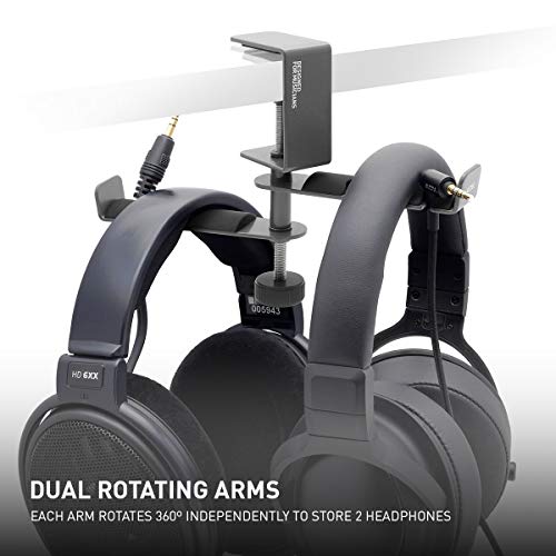 ADV. Dual Suspension Headphone Stand – Floating Headset Stand with 360° Rotating Arm, Adjustable Clamp for Desk/Table, Steel Metal Holder, 3.5mm Jack Mount, Universal Fit, [Grey]