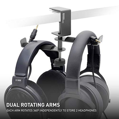 ADV. Dual Suspension Headphone Stand – Floating Headset Stand with 360° Rotating Arm, Adjustable Clamp for Desk/Table, Steel Metal Holder, 3.5mm Jack Mount, Universal Fit, [Grey]