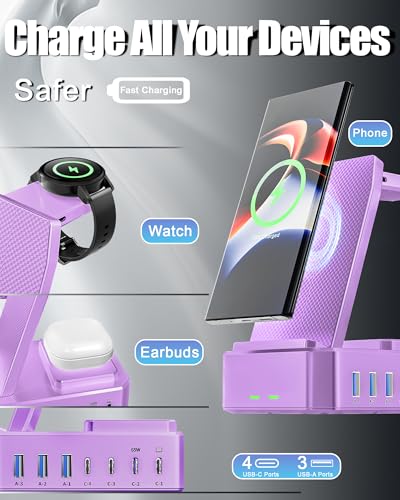 300W Wireless Charger for Samsung,Zutspzss 10 in 1 Wireless Charging Station, 65W USB C Fast Charging Stand for Samsung S25 Ultra/S24/S23/S22/Z Fold,Galaxy Watch Ultra7/6/5,Galaxy Buds,Purple - color: Purple