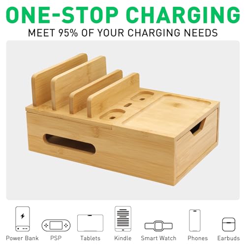 Bamboo Charging Station Organizer with Drawer & Tray, 5-Port USB Charger & 6 Cables, Magnetic Multi-Device Dock for Phones, Tablets, Smartwatches, Kindle, Home & Office