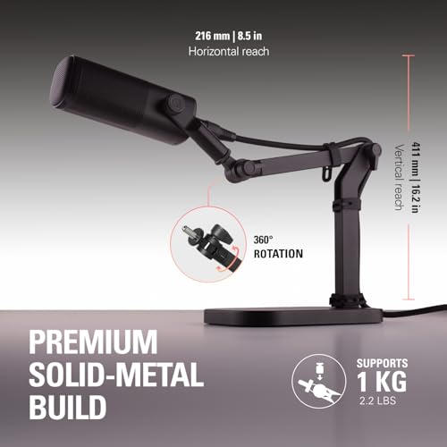 Elgato Wave Desk Stand, Adjustable Microphone Mount | Three pivot points, Holds gear up to 1kg, Mounts camera, light, or phone, Cable ties included, Solid-metal build