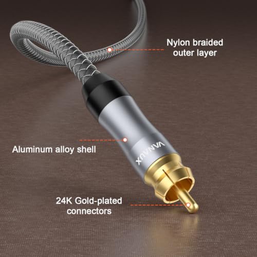 VANAUX Subwoofer Cable, 2ft Digital Coaxial Audio Cable, RCA to RCA Cord,Male to Male Mono [20AWG,4N Oxgen-Free Copper Core] for Home Theater, HDTV, Amplifier, Soundbar(2ft/0.6m) - size: 2ft/0.6m, style: Male to Male-Grey