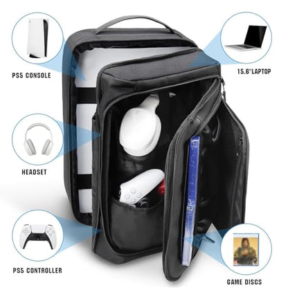 GDNasist Game Console Backpack for PS5, Protective Carrying Case Compatible with Playstation5 Console, Base, 15.6”Laptop, Headset, PS5 Controller, More Game Discs, and Gaming Accessories - style: Side-opening Style