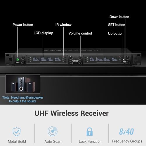 Phenyx Pro 8-Channel UHF Auto Scan Wireless Microphone System,PTU-6000-8H | 8 x 40 Frequencies, 328 ft Range, 8 Dynamic Handheld Microphones for Singing, Church, Karaoke, Wedding, Speaking, Party