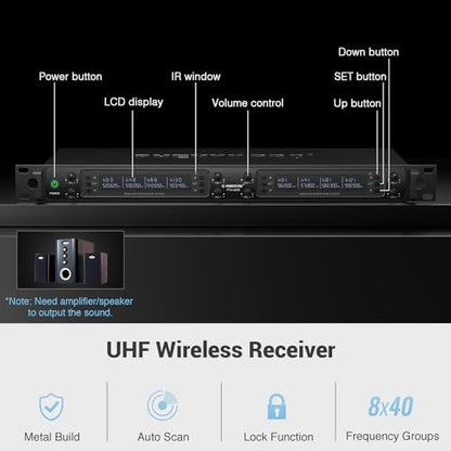 Phenyx Pro 8-Channel UHF Auto Scan Wireless Microphone System,PTU-6000-8H | 8 x 40 Frequencies, 328 ft Range, 8 Dynamic Handheld Microphones for Singing, Church, Karaoke, Wedding, Speaking, Party