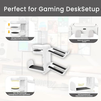 Rotating Headphone Stand with 360° Swivel - Adjustable Clamp-on Under Desk Headset Holder, Universal Gaming & Office Headphone Hanger (White) - color: White