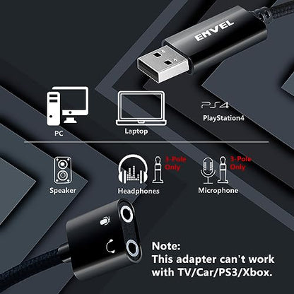 USB to 3.5mm Audio Adapter, External Stereo Sound Card | Dual TRS 3-Pole 3.5mm Headphone and Microphone Jack for PS4/PS5/PC/Laptop, Built-in Chip Mic-Supported Headphone Adapter - color: Black Pro