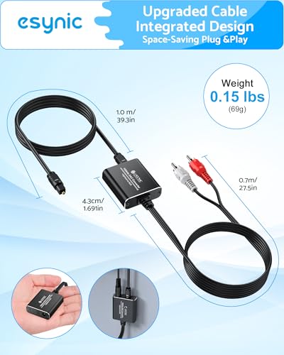 eSynic 192KHZ Optical to RCA Adapter-Built-in DAC Chip-USB Power